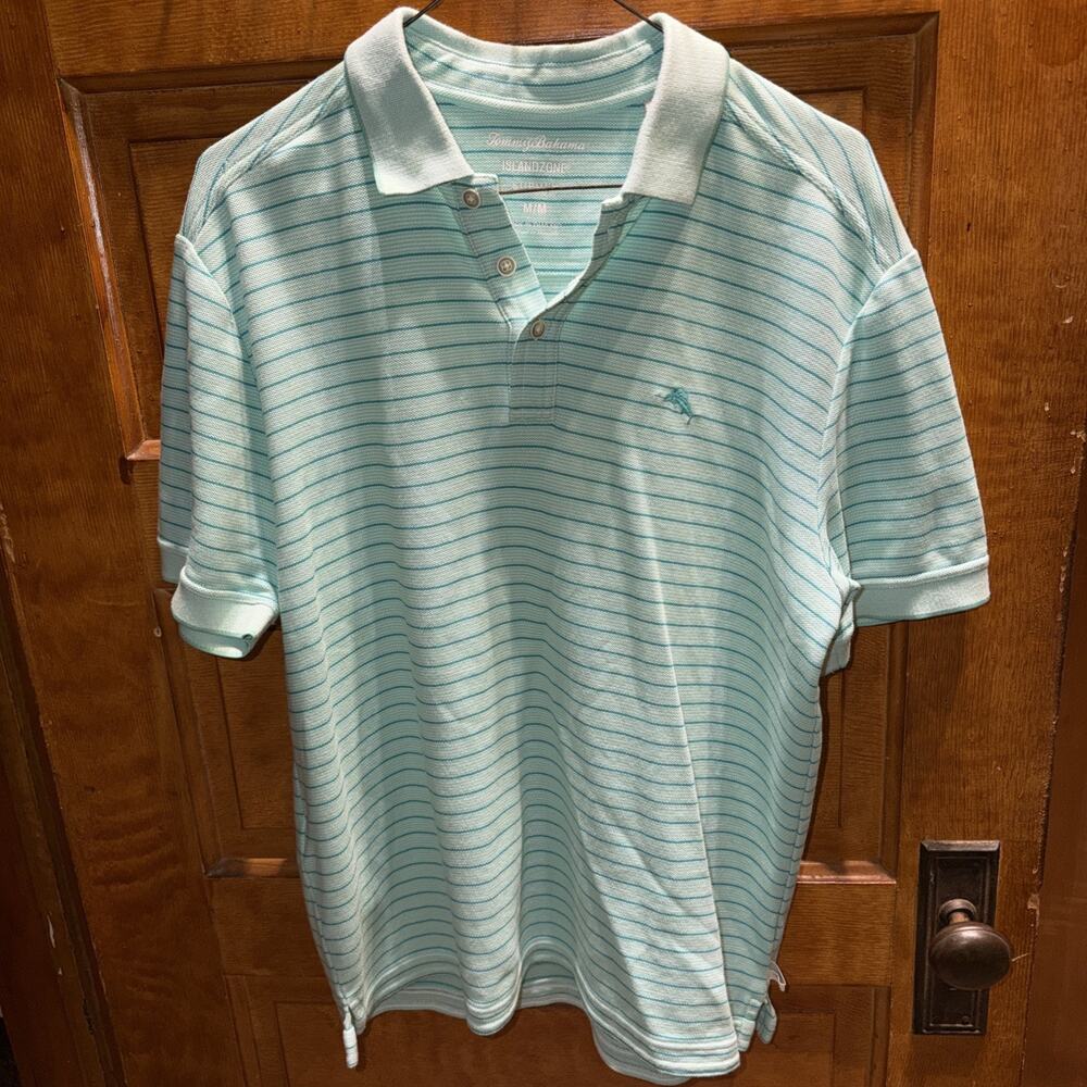 Tommy Bahama Island Zone Polo Shirt Mens Medium Striped SuPima Cotton Golf Fish